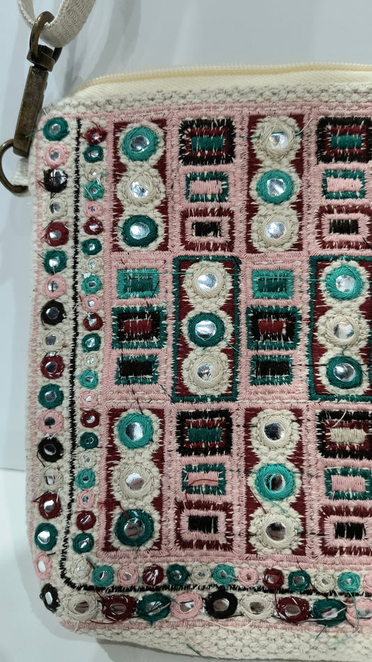 Bolso Bandolera 18*26*5cm para Mujer en Color Beige Claro con Detalles Rosa y Verde Turquesa - tenemosturegalo.es