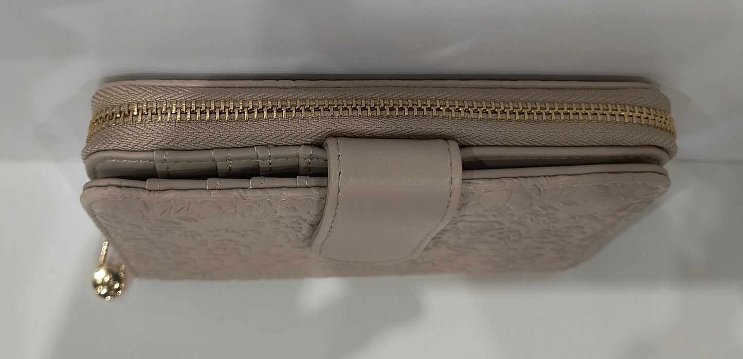 Monedero Cartera de Mujer con Relieve de Flores - Color Beige, Compacto y Funcional (12x9x3 cm) - tenemosturegalo.es