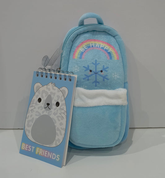 Bolsito de Textura de Pelo Suave 20x12x5cm con Libreta – Azul arcoíris con Animalito y Bolsillos con Cremallera - tenemosturegalo.es