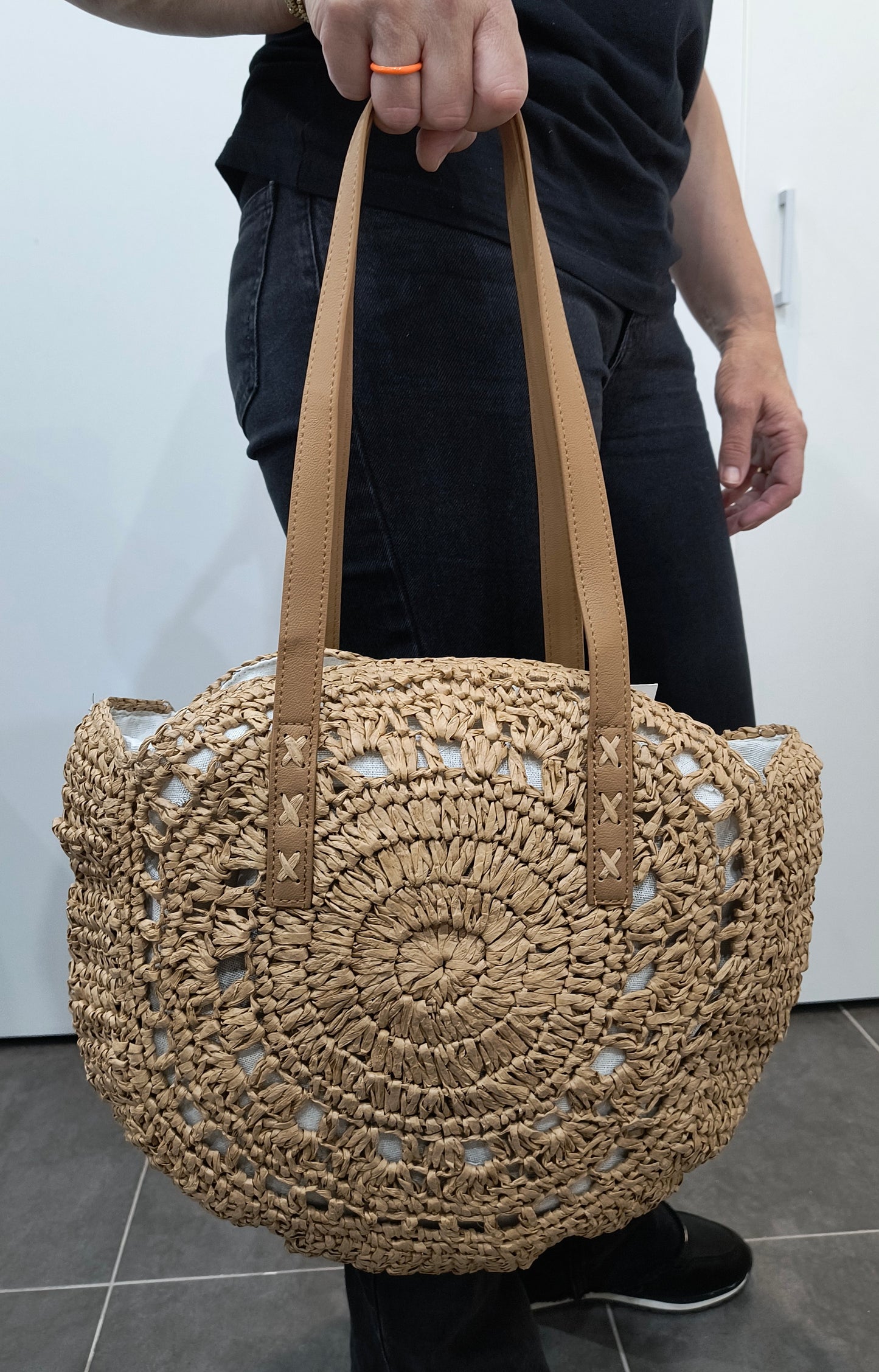 Bolso Shopper Efecto Rafia Khaki/Marrón | Grande, Forrado y con Cremallera – 40x38 cm