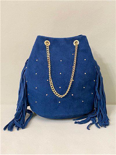 Bolso Saca Mini 20*21*14 disponible en color Azul y Taupe de Piel Serraje con Flecos y Tachas – Un Toque de Elegancia y Estilo Único - tenemosturegalo.es