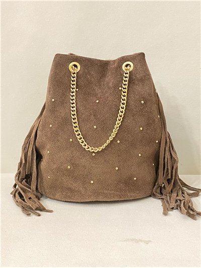 Bolso Saca Mini 20*21*14 disponible en color Azul y Taupe de Piel Serraje con Flecos y Tachas – Un Toque de Elegancia y Estilo Único - tenemosturegalo.es