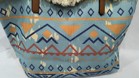 Bolso de Verano Grande con Flecos Azul y Estampado – Estilo Boho Chic con Asas de Piel Marrón - tenemosturegalo.es