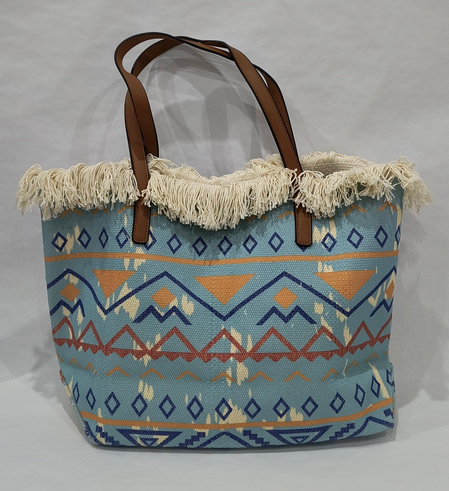Bolso de Verano Grande con Flecos Azul y Estampado – Estilo Boho Chic con Asas de Piel Marrón - tenemosturegalo.es