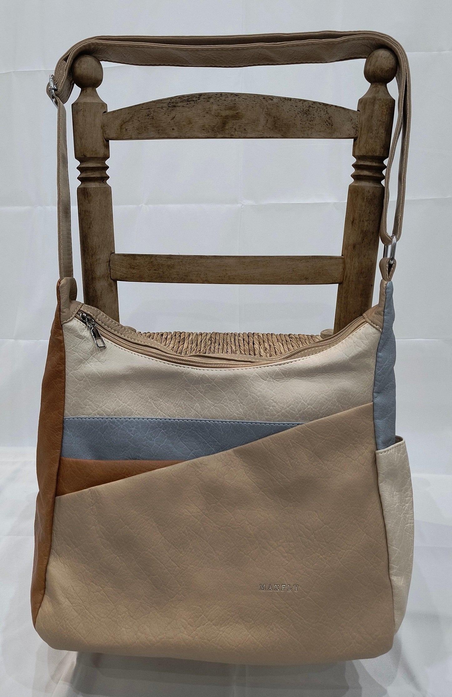 Bolso bandolera con doble cremallera en dos combinaciones de colores – Opción 1: Verde,beige,marrón claro y verde claro, Opción 2: Marrón claro,beige, azul y beige claro - tenemosturegalo.es