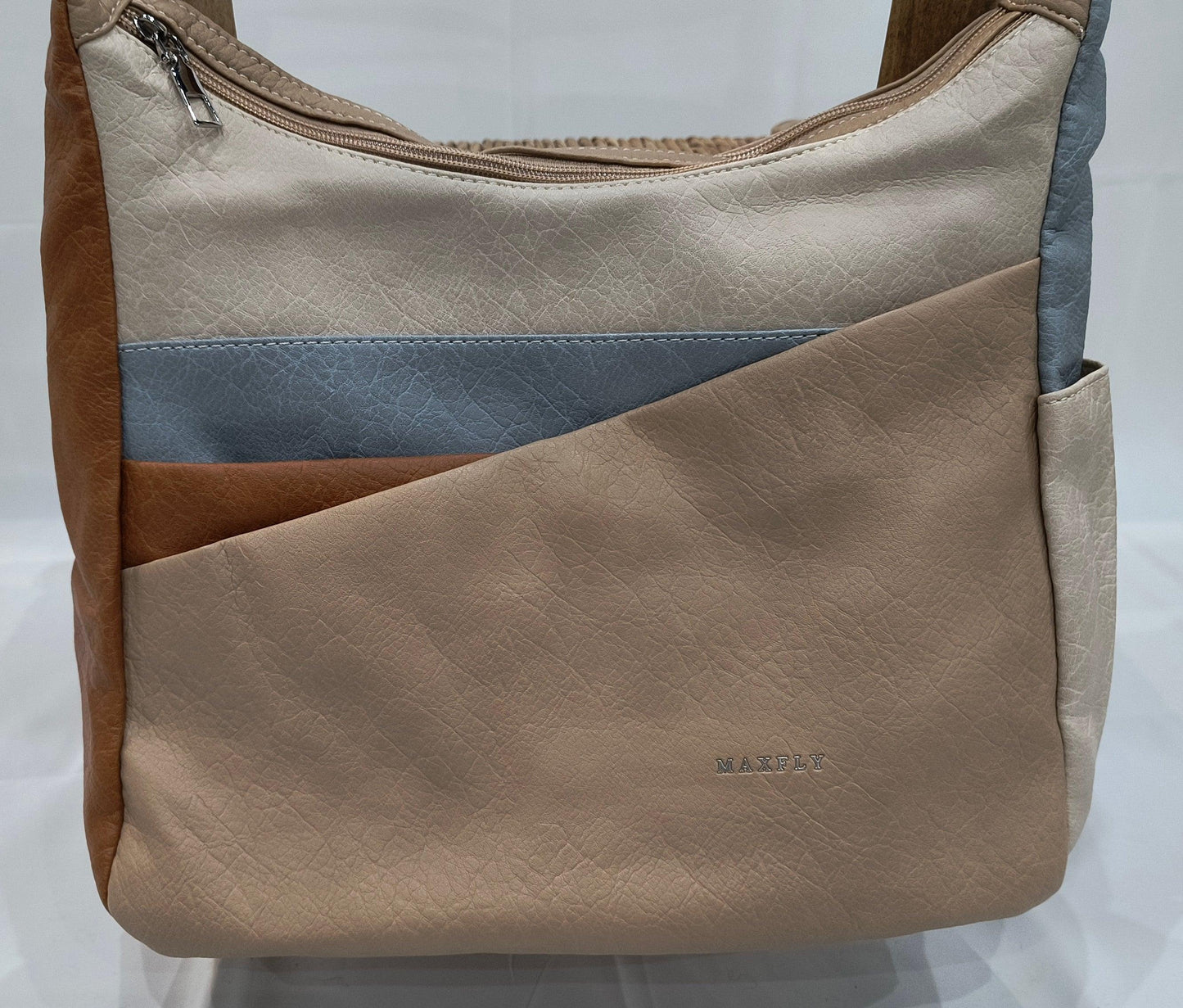 Bolso bandolera con doble cremallera en dos combinaciones de colores – Opción 1: Verde,beige,marrón claro y verde claro, Opción 2: Marrón claro,beige, azul y beige claro - tenemosturegalo.es