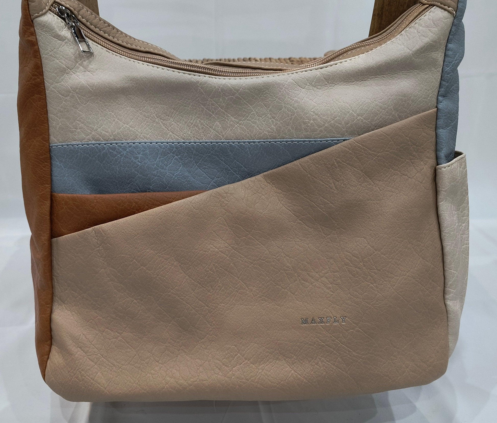 Bolso bandolera con doble cremallera en dos combinaciones de colores – Opción 1: Verde,beige,marrón claro y verde claro, Opción 2: Marrón claro,beige, azul y beige claro - tenemosturegalo.es