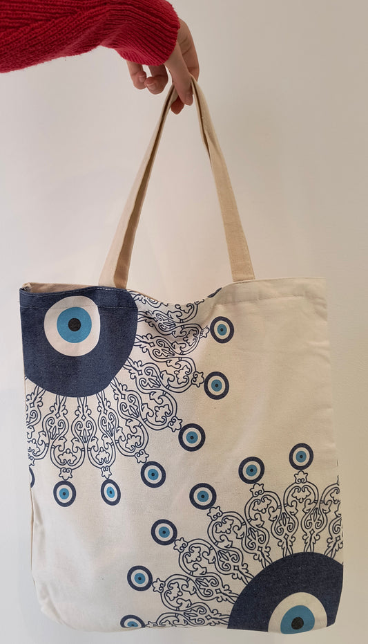 Bolso de tela tipo saco con estampado de ojo turco 42 cm de alto y 37 cm de ancho - tenemosturegalo.es