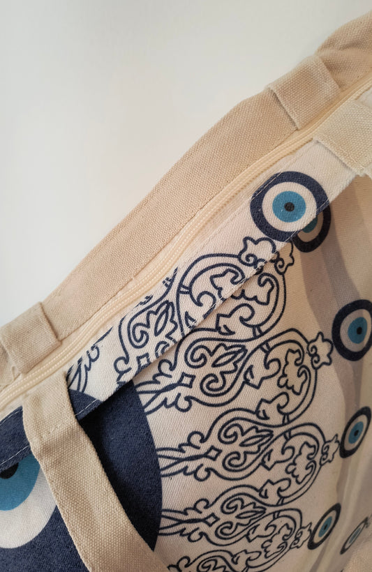 Bolso de tela tipo saco con estampado de ojo turco 42 cm de alto y 37 cm de ancho - tenemosturegalo.es