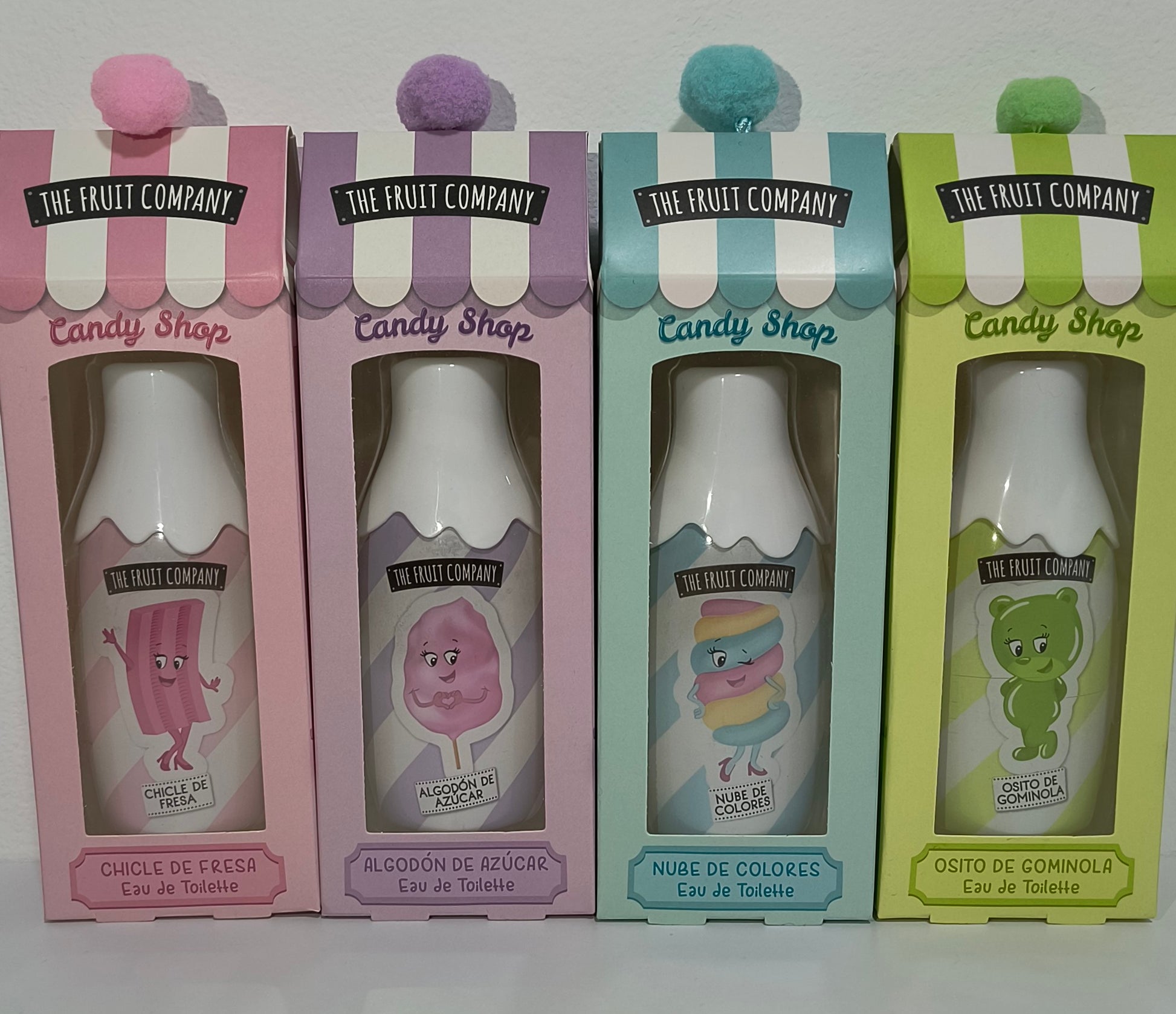 Colonias de The Fruit Company 40ml con fórmula vegana y extractos naturales. Osito de gominola, Algodón de azúcar, Chicle de fresa y Nube de colores. - tenemosturegalo.es