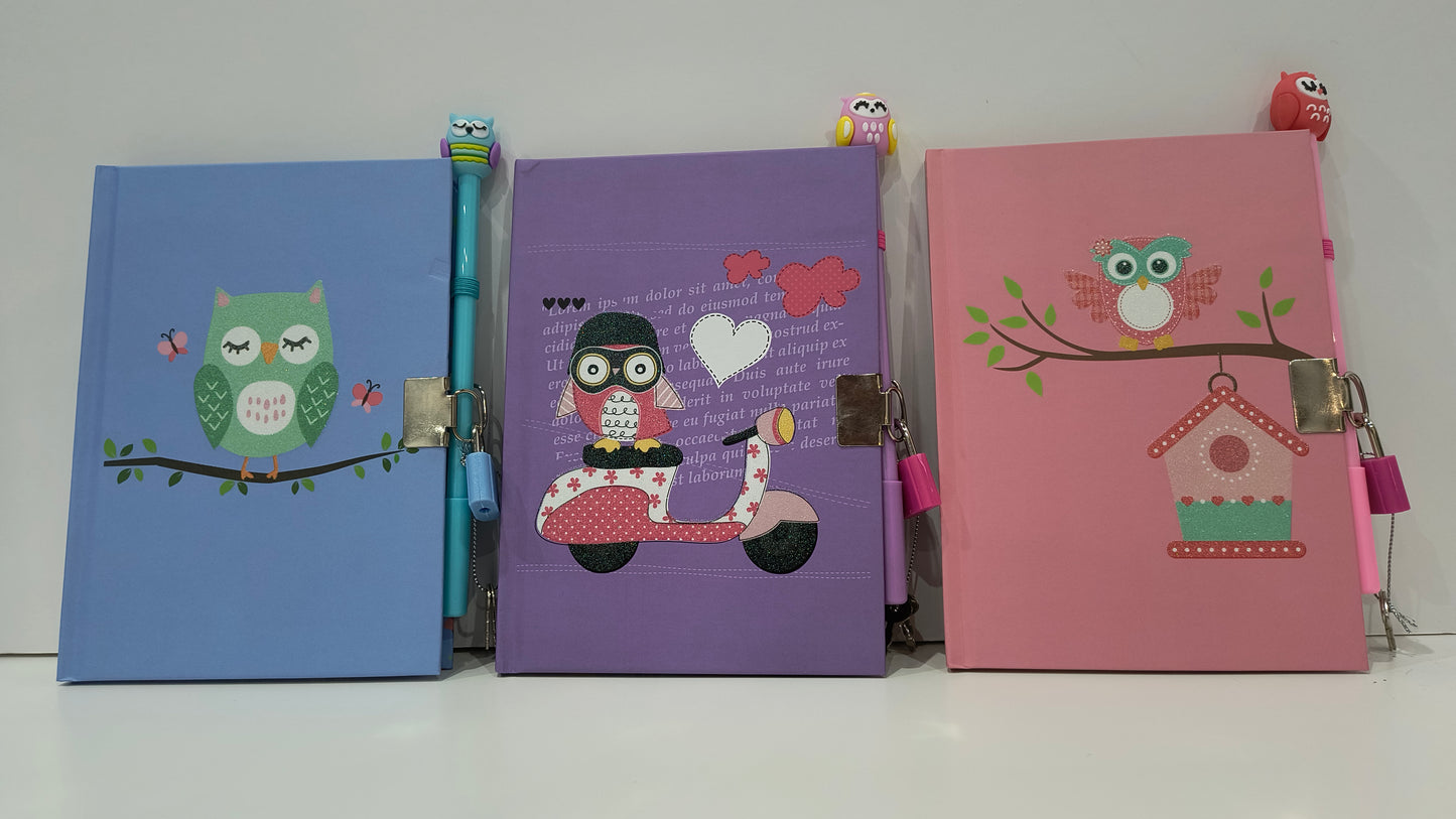 Pack Diario con Candado y Llaves con Bolígrafo - Lila, Azul y Rosa con Dibujo de Búho (13x18x1cm) - tenemosturegalo.es