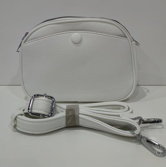 Bolso Bandolera Blanca 21x16x8 cm con Bolsillo Frontal Hermético y tres bolsillos con cierre cremallera ideal para San Fermín