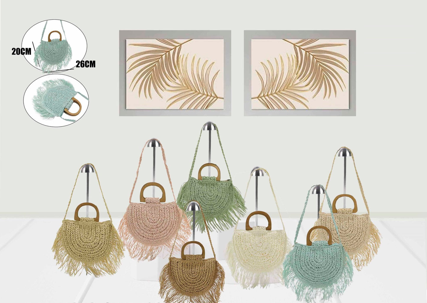 Bolso Bandolera Ovalado con Fleco 20 x 26 cm  – Disponible en Verde, Beige y Azul