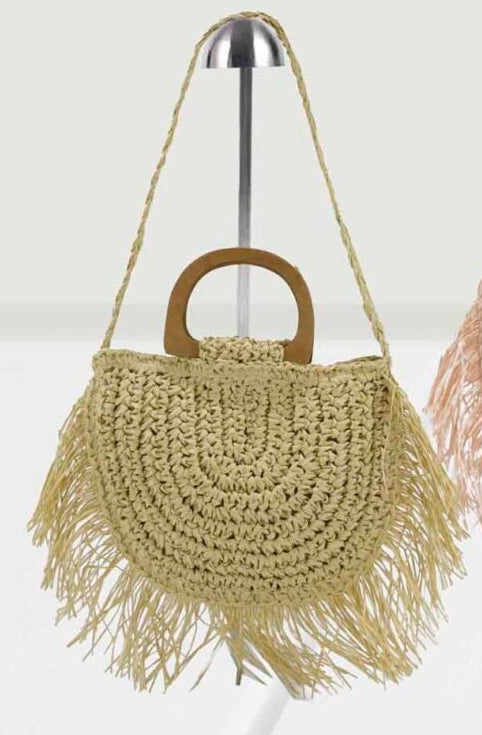 Bolso Bandolera Ovalado con Fleco 20 x 26 cm  – Disponible en Verde, Beige y Azul
