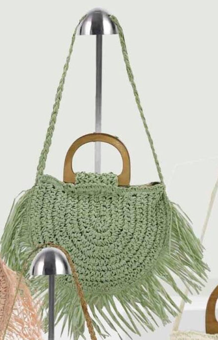Bolso Bandolera Ovalado con Fleco 20 x 26 cm  – Disponible en Verde, Beige y Azul