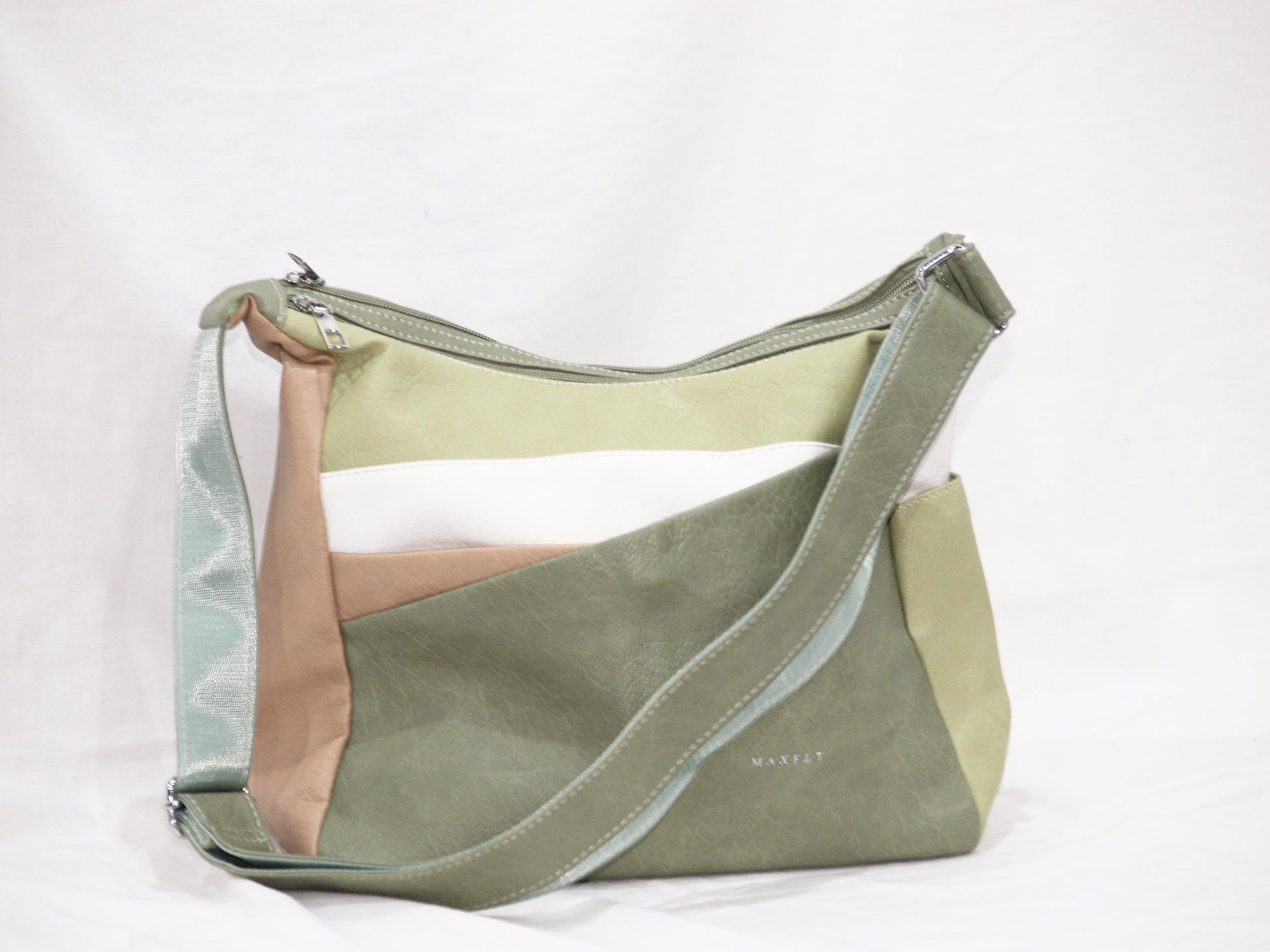 Bolso bandolera con doble cremallera en dos combinaciones de colores – Opción 1: Verde,beige,marrón claro y verde claro, Opción 2: Marrón claro,beige, azul y beige claro - tenemosturegalo.es