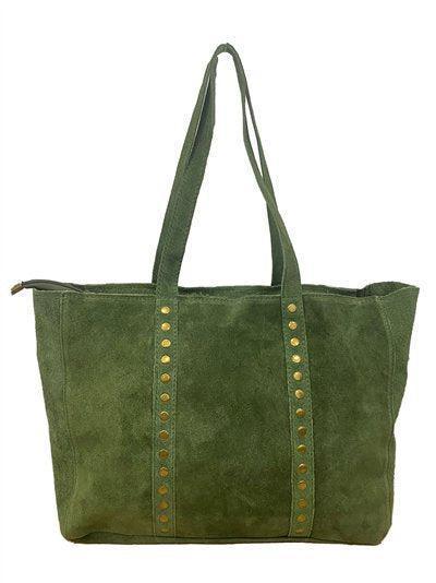 Bolso Shopper 37*28*12 cm disponible en Color Verde Caqui y Marrón de Piel Serraje con Tachas – Un Toque de Estilo y Versatilidad para tu Día a Día - tenemosturegalo.es