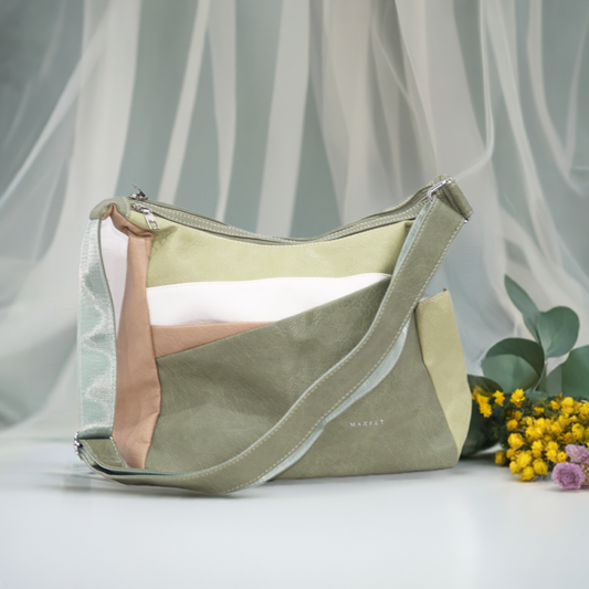 Bolso bandolera con doble cremallera en dos combinaciones de colores – Opción 1: Verde,beige,marrón claro y verde claro, Opción 2: Marrón claro,beige, azul y beige claro - tenemosturegalo.es